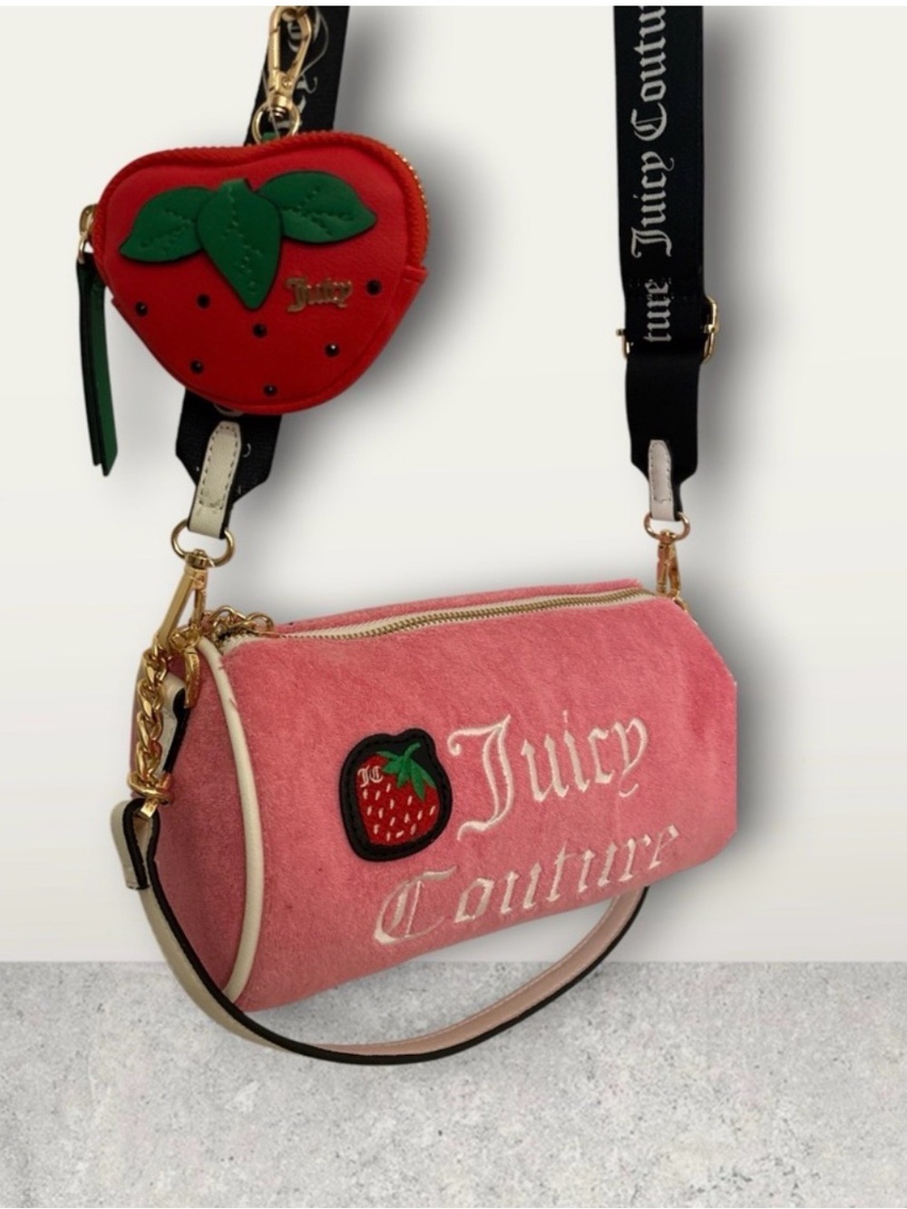Juicy Couture Pink Velvet Barrel Bag with Strawberry Patch - Picture 2 of 5